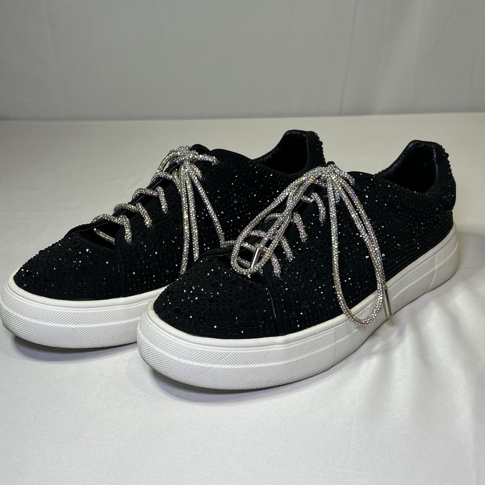 La Sheelah‎ Women 8 Black Low Top Sneakers Shoes Lace Up Rhinestone Bling Laces